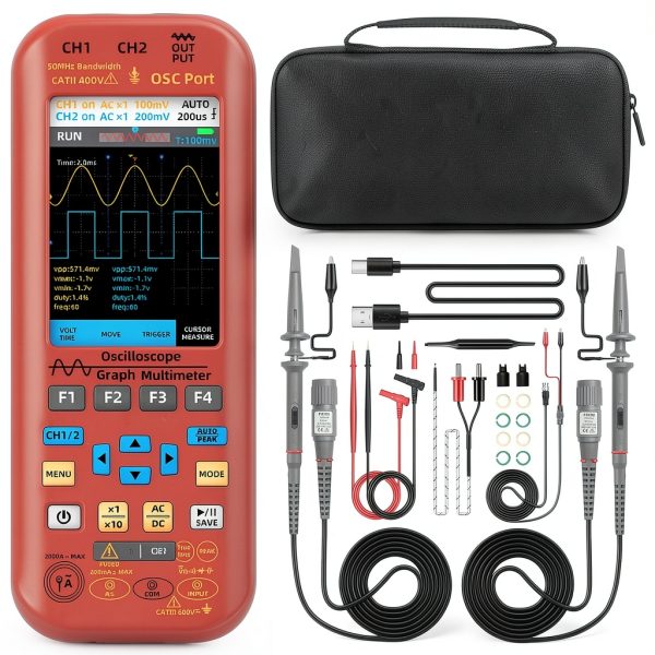 BSIDE 2 Channels Handheld Oscilloscope Multimeter, 50MHz Bandwidth with 3.98" TFT LCD, 20000 Counts Rechargeable DDS Generator, Measure Flexible AC Clamp, Temp Amp Cap Diode Voltage for Electronic DIY-0